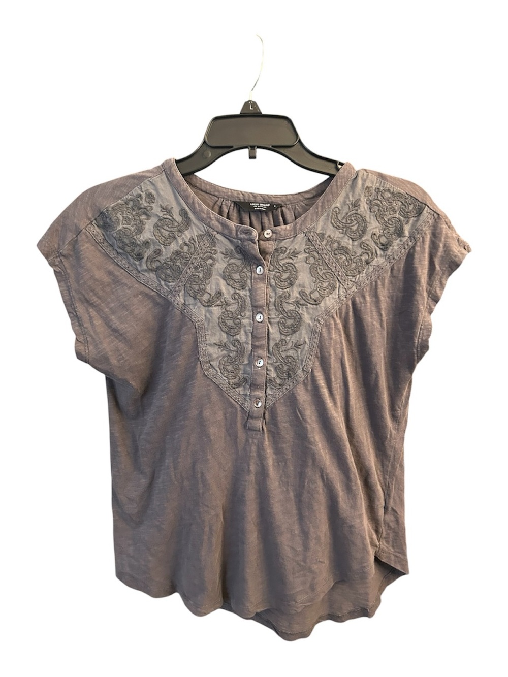 Lucky Brand Embroidered Henley Top - Gray